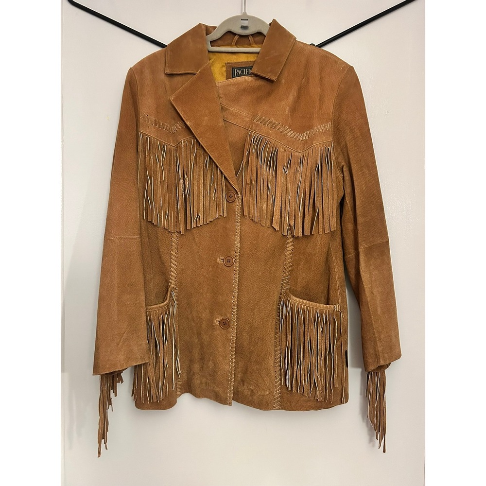 Vintage Pacific Trail Medium Brown Suede Western Fringe Whipstitch Jacket Coat